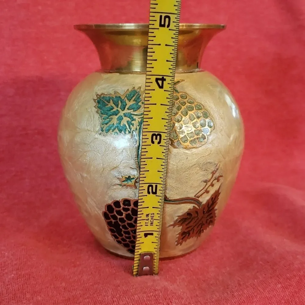 Pretty Vintage Brass Vase with Pearlescent Outer Design - Picture 9 of 12